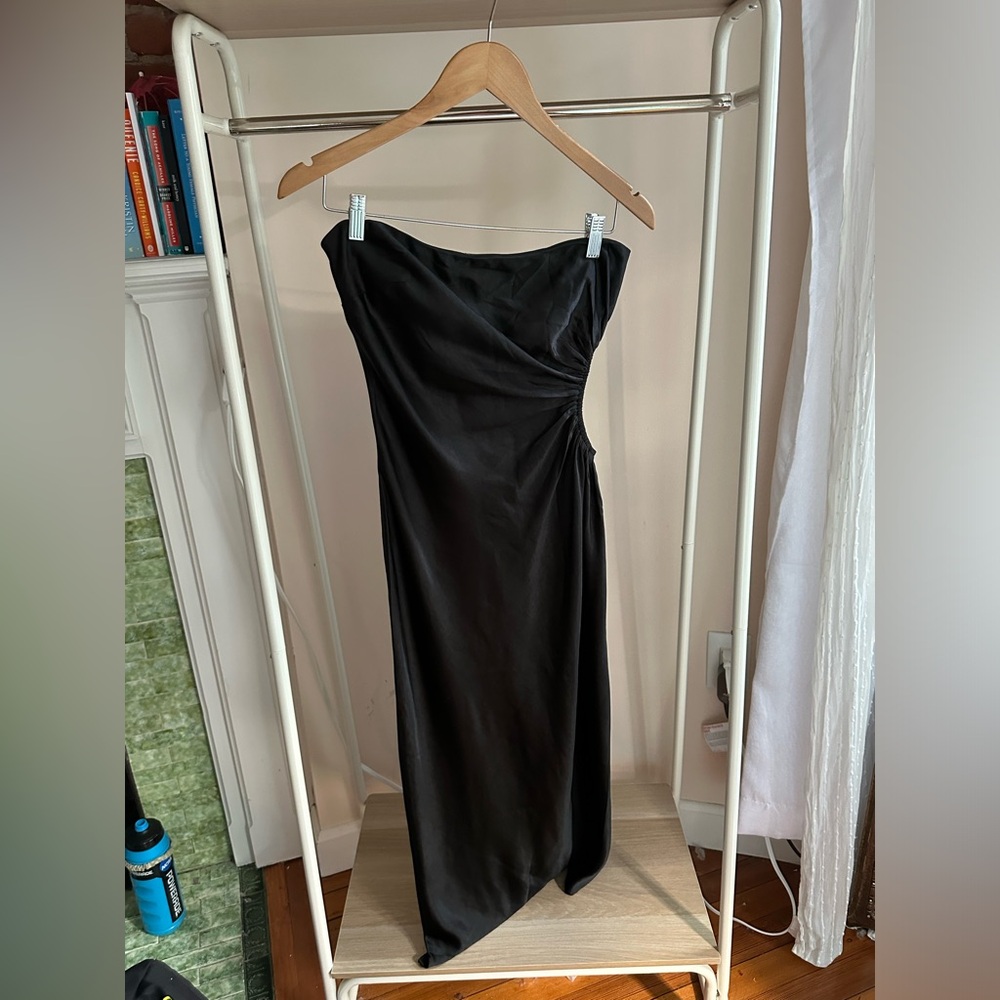 Strapless black dress with gold zipper & cutout